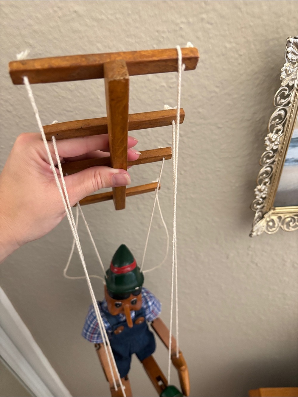 Wooden Pinocchio-Style Marionette Puppet in Green Hat - Picture 5 of 9
